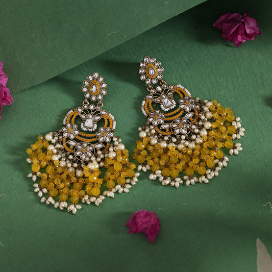 Yellow Color Pakistani Kundan Earrings (KDE1004YLW) - Preyans.com