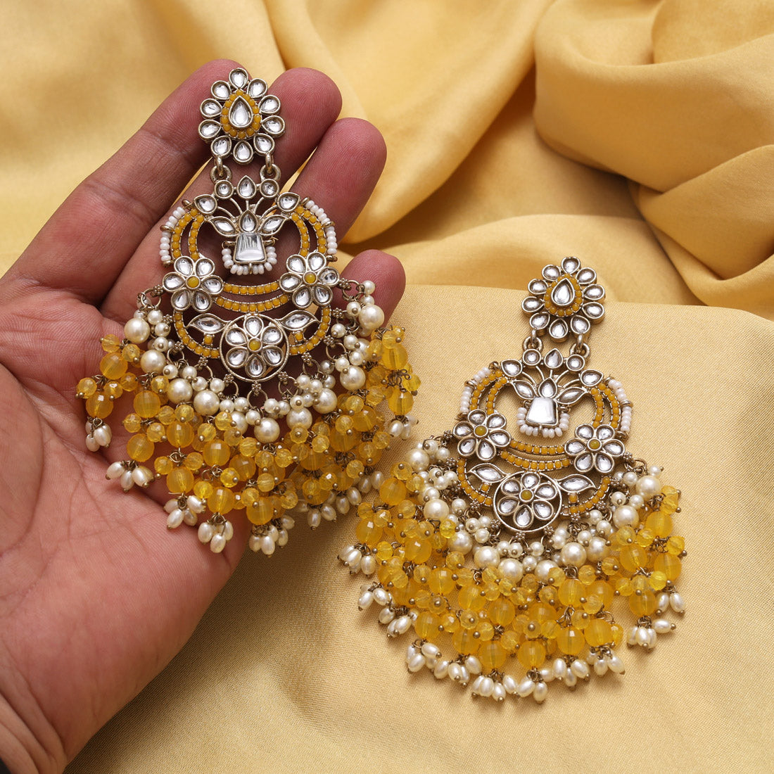 Yellow Color Pakistani Kundan Earrings (KDE1004YLW) - Preyans.com