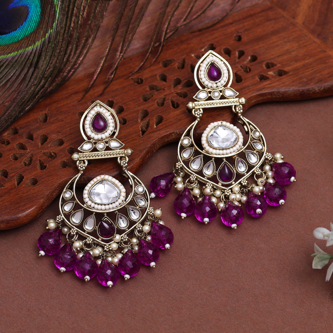 Purple Color Kundan Earrings (KDE1005PRP) - Preyans.com