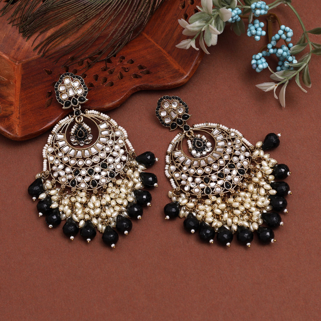 Black Color Kundan Earrings (KDE1006BLK) - Preyans.com