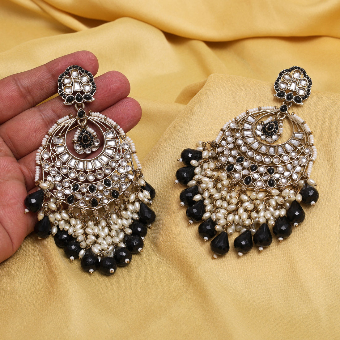 Black Color Kundan Earrings (KDE1006BLK) - Preyans.com