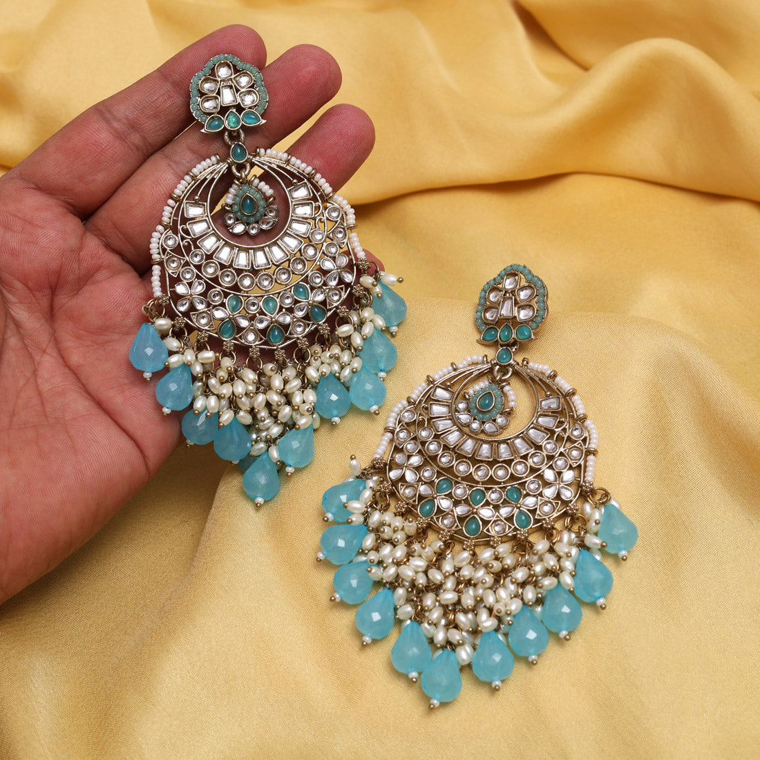 Firozi Color Kundan Earrings (KDE1006FRZ) - Preyans.com