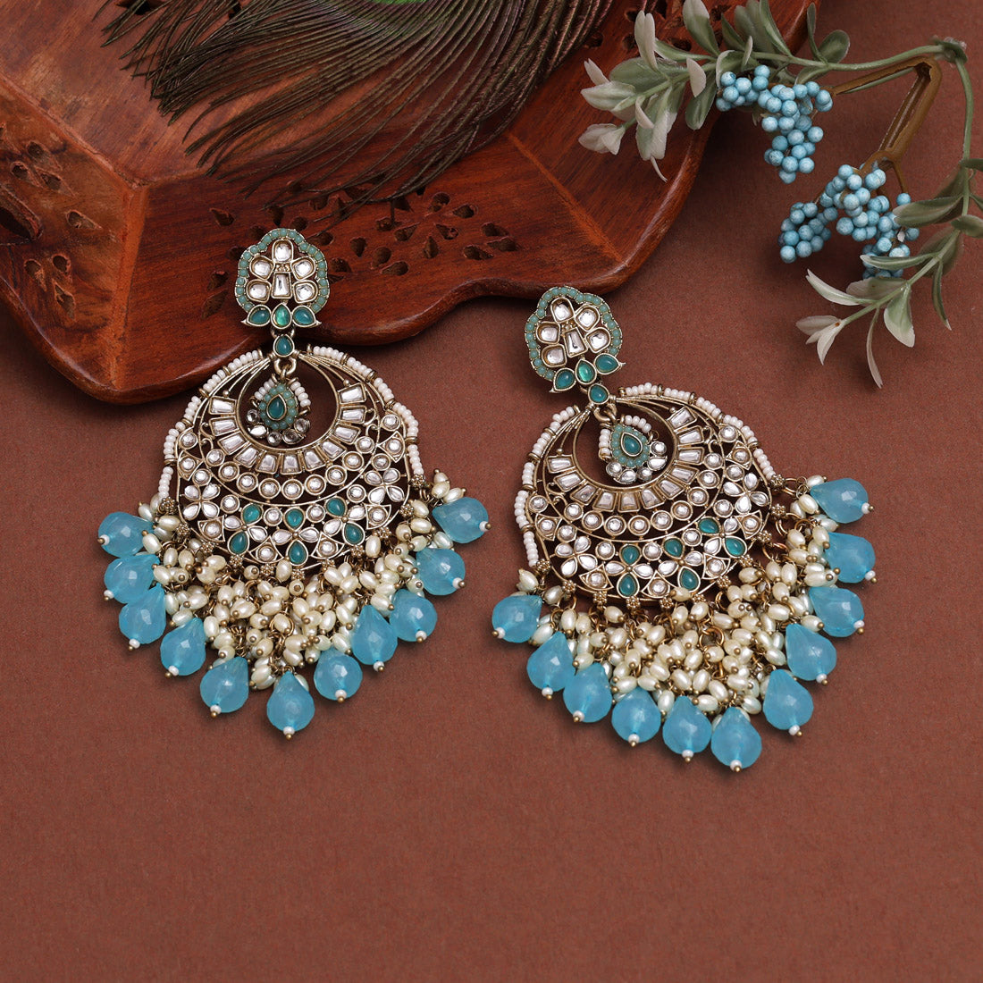 Firozi Color Kundan Earrings (KDE1006FRZ) - Preyans.com