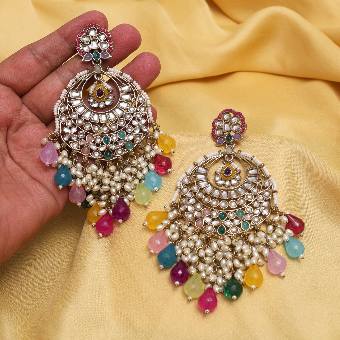 Multi Color Kundan Earrings (KDE1006MLT) - Preyans.com