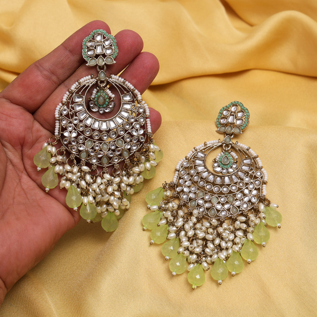 Pista Green Color Kundan Earrings (KDE1006PGRN) - Preyans.com