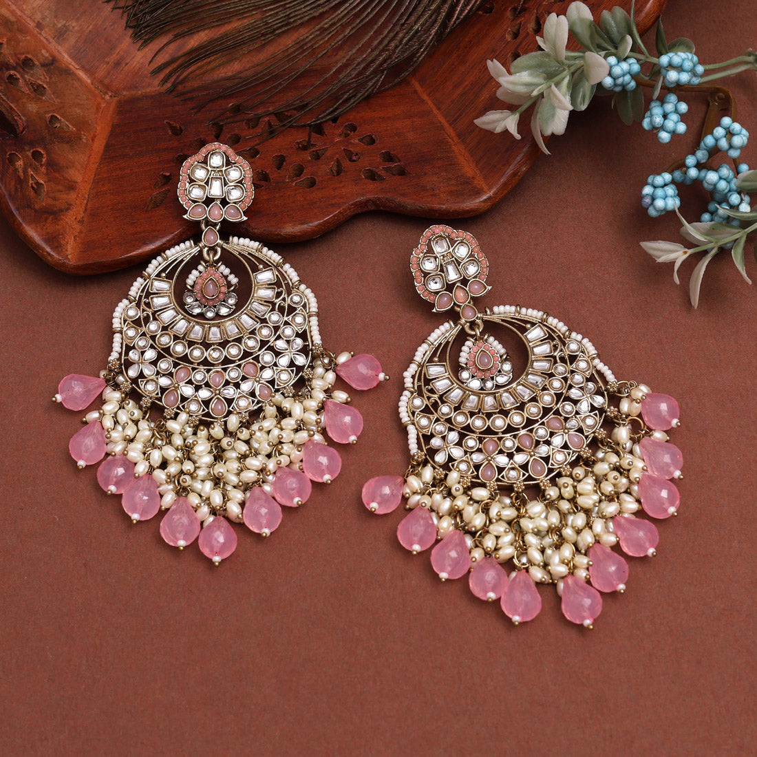 Pink Color Kundan Earrings (KDE1006PNK) - Preyans.com