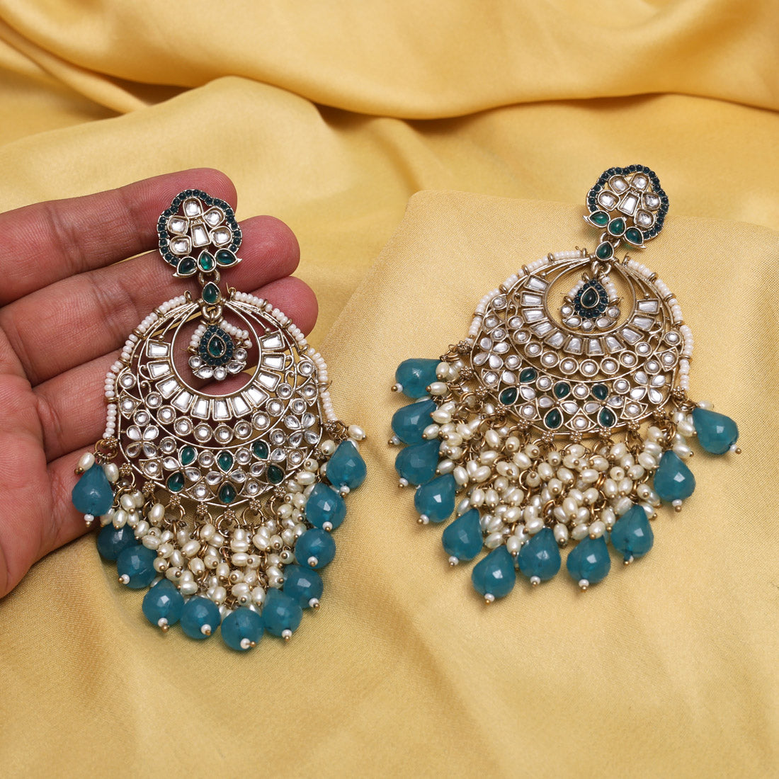 Turquoise Blue Color Kundan Earrings (KDE1006TBLU) - Preyans.com