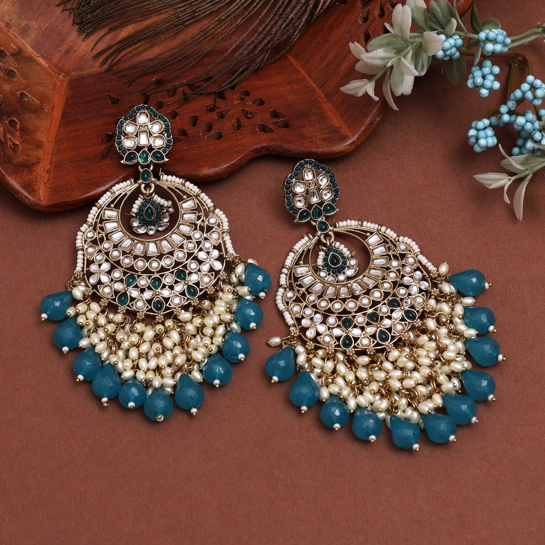 Turquoise Blue Color Kundan Earrings (KDE1006TBLU) - Preyans.com