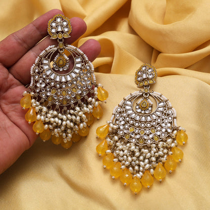 Yellow Color Kundan Earrings (KDE1006YLW) - Preyans.com