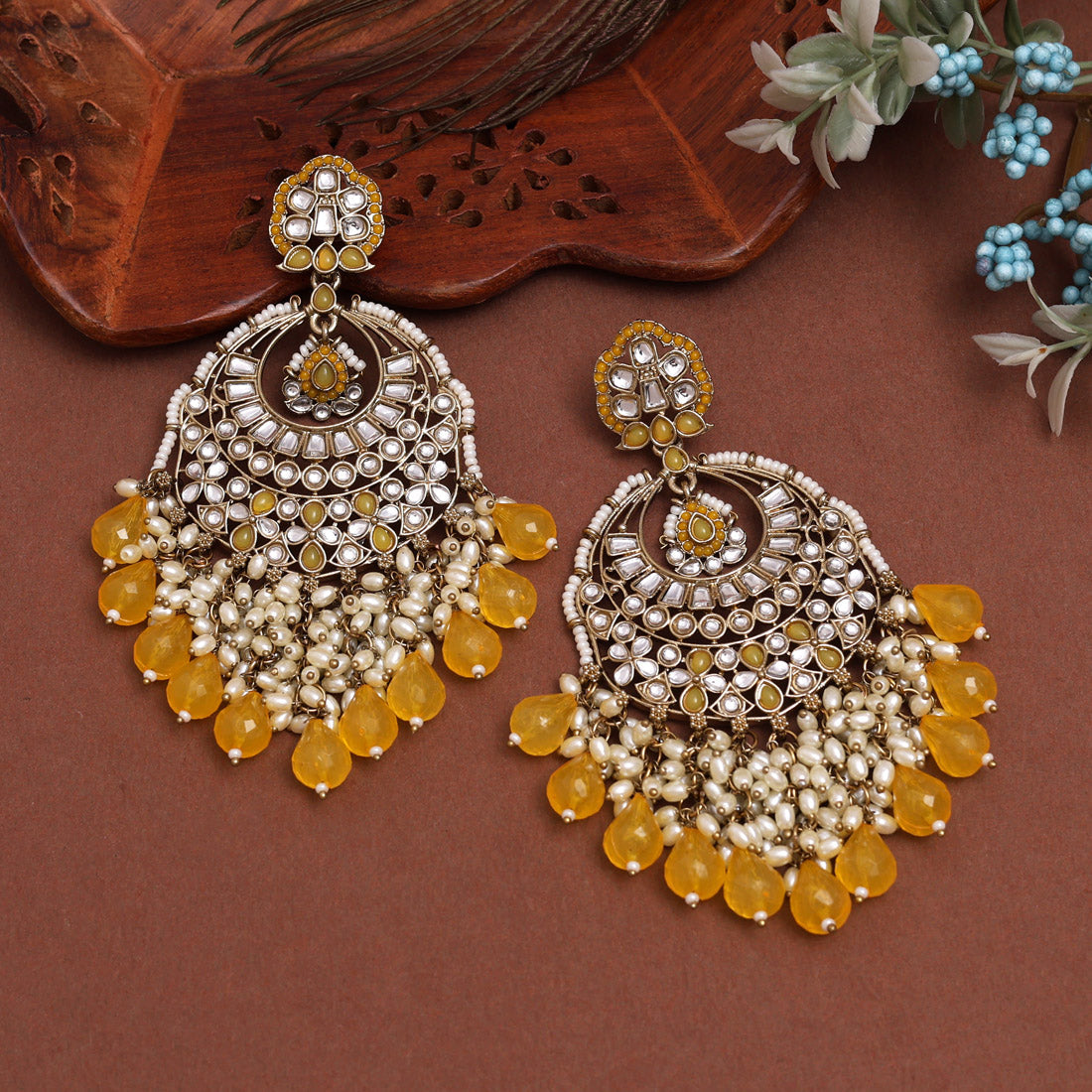 Yellow Color Kundan Earrings (KDE1006YLW) - Preyans.com