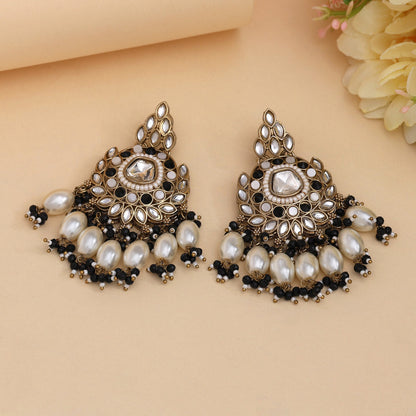 Black Color Kundan Earrings (KDE1007BLK) - eindiawholesale.com