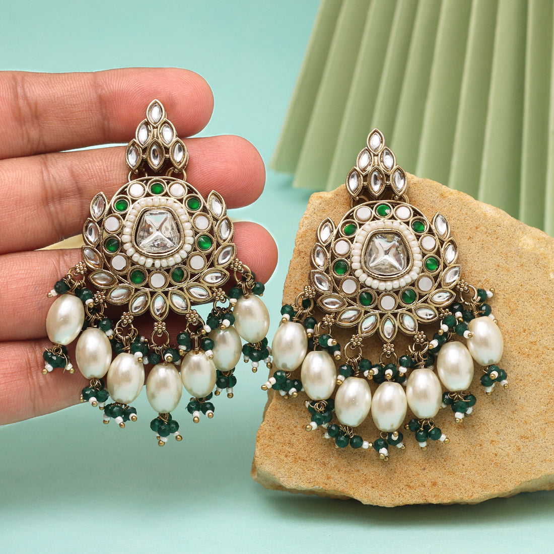 Green Color Kundan Earrings (KDE1007GRN) - eindiawholesale.com