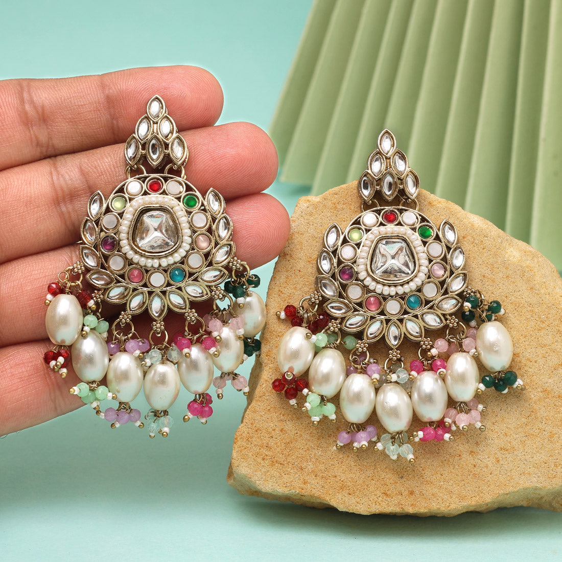 Multi Color Kundan Earrings (KDE1007MLT) - eindiawholesale.com