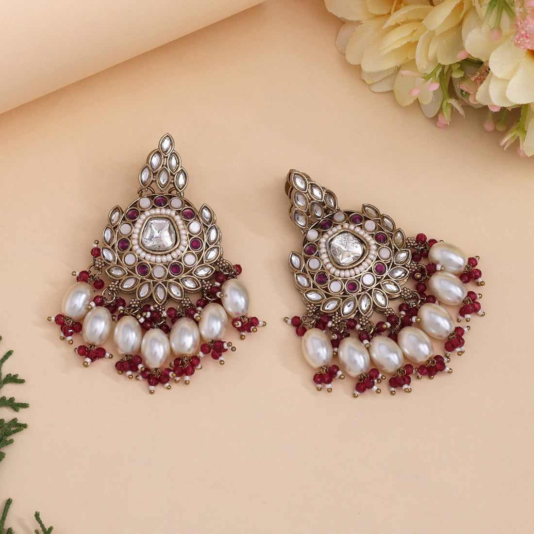 Magenta Color Kundan Earrings (KDE1007MNT) - eindiawholesale.com