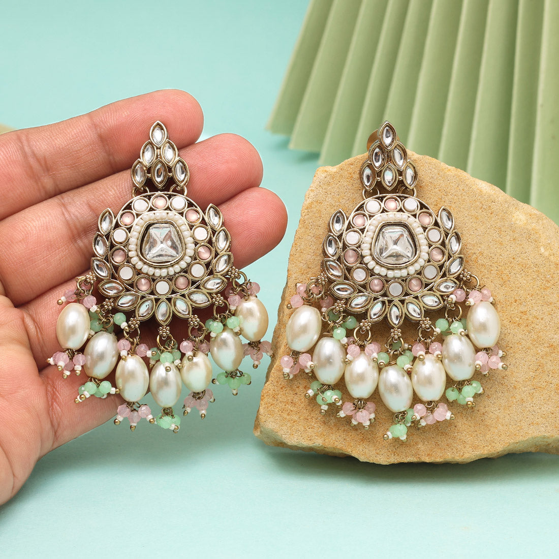 Pink & Pista Green Color Kundan Earrings (KDE1007PNKPGRN) - eindiawholesale.com