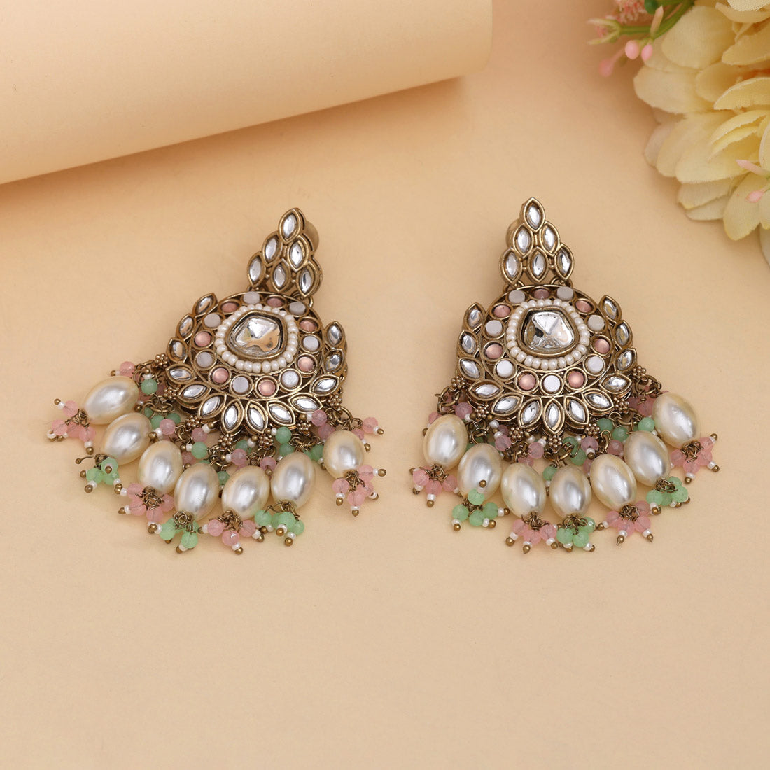 Pink & Pista Green Color Kundan Earrings (KDE1007PNKPGRN) - eindiawholesale.com