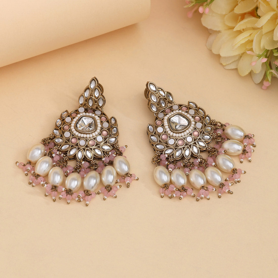 Pink Color Kundan Earrings (KDE1007PNK) - eindiawholesale.com