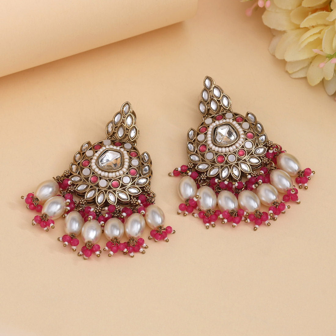 Rani Color Kundan Earrings (KDE1007RNI) - eindiawholesale.com