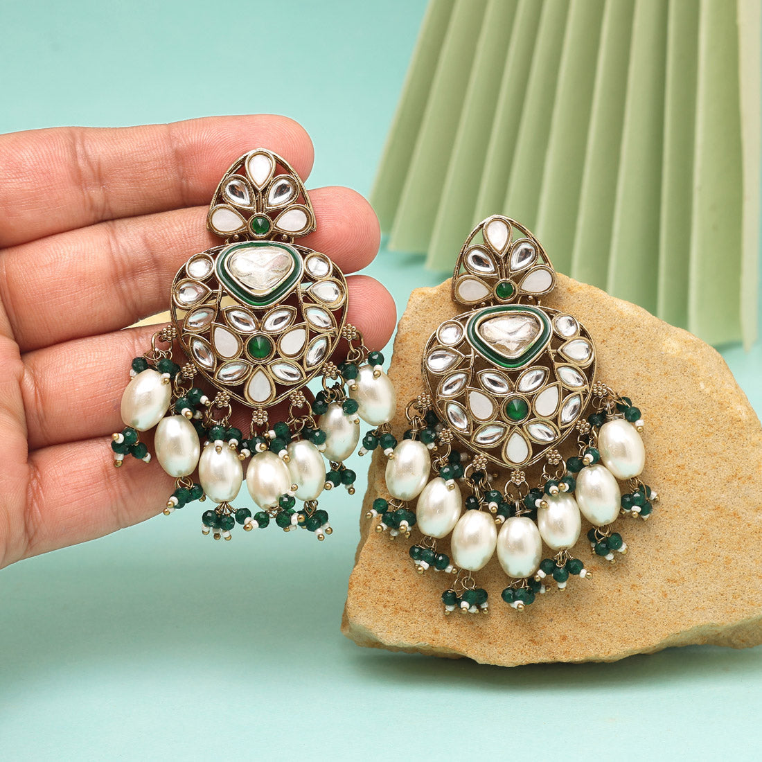 Green Color Kundan Earrings (KDE1008GRN) - eindiawholesale.com