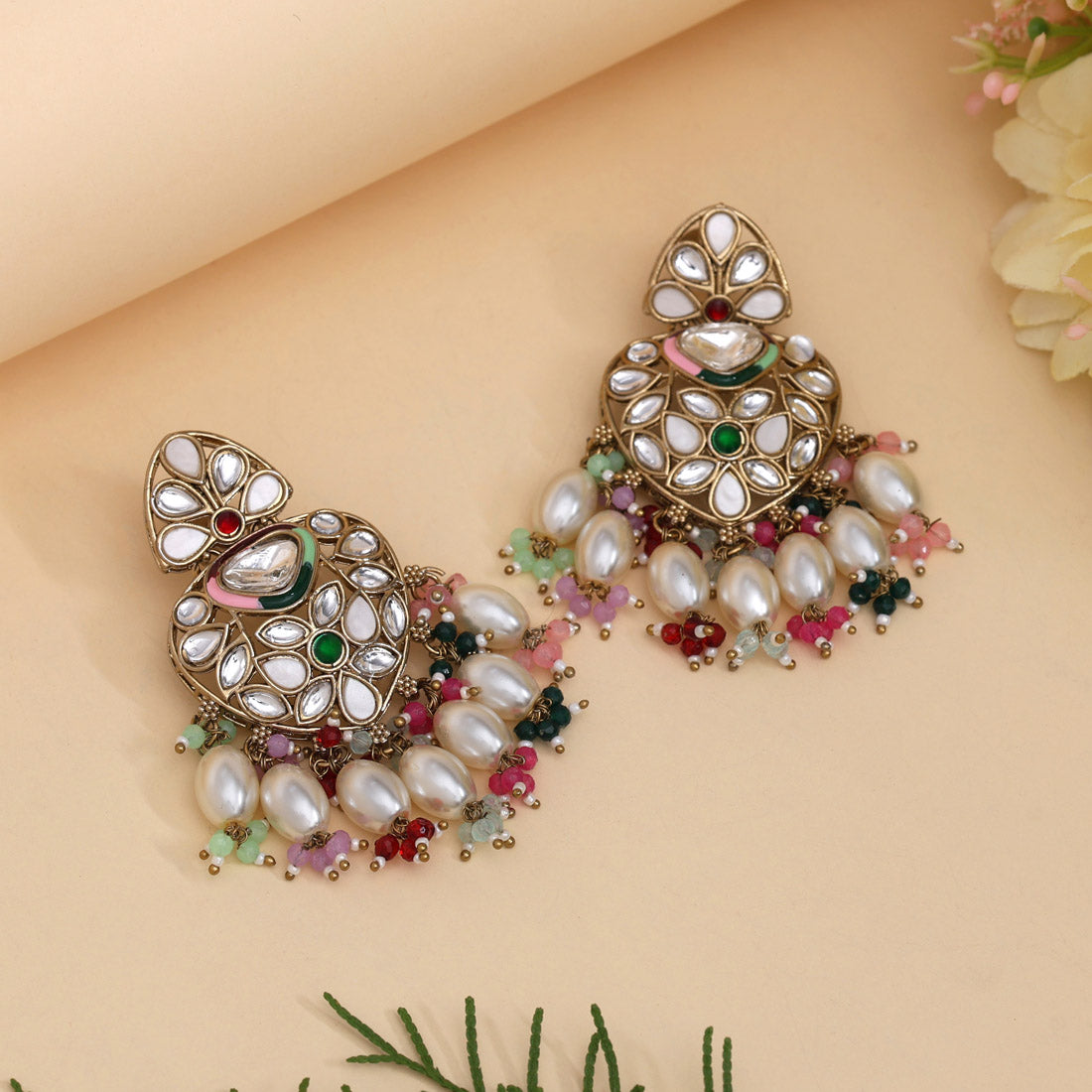 Multi Color Kundan Earrings (KDE1008MLT) - eindiawholesale.com