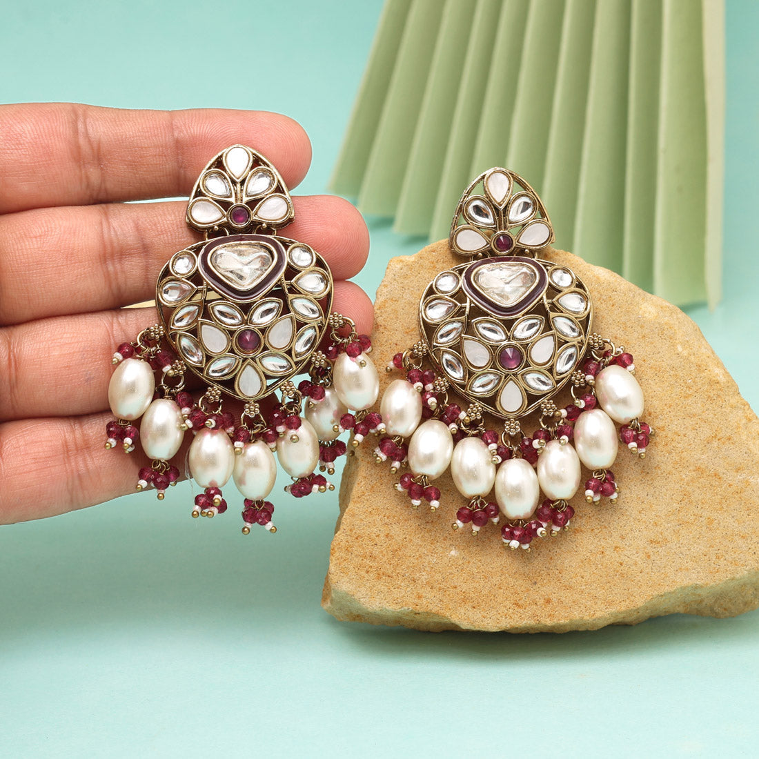 Magenta Color Kundan Earrings (KDE1008MNT) - eindiawholesale.com