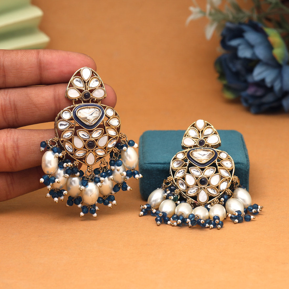 Turquoise Blue Color Kundan Earrings (KDE1008TBLU) - Preyans.com