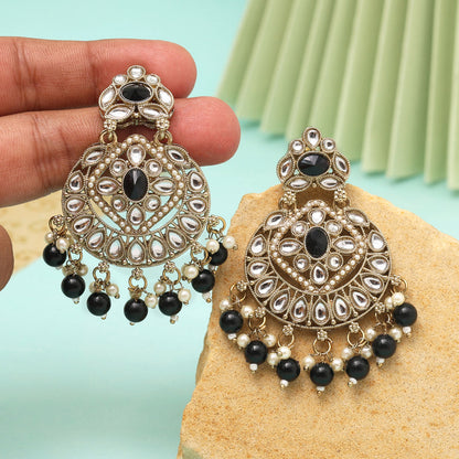 Black Color Kundan Earrings (KDE1009BLK) - eindiawholesale.com