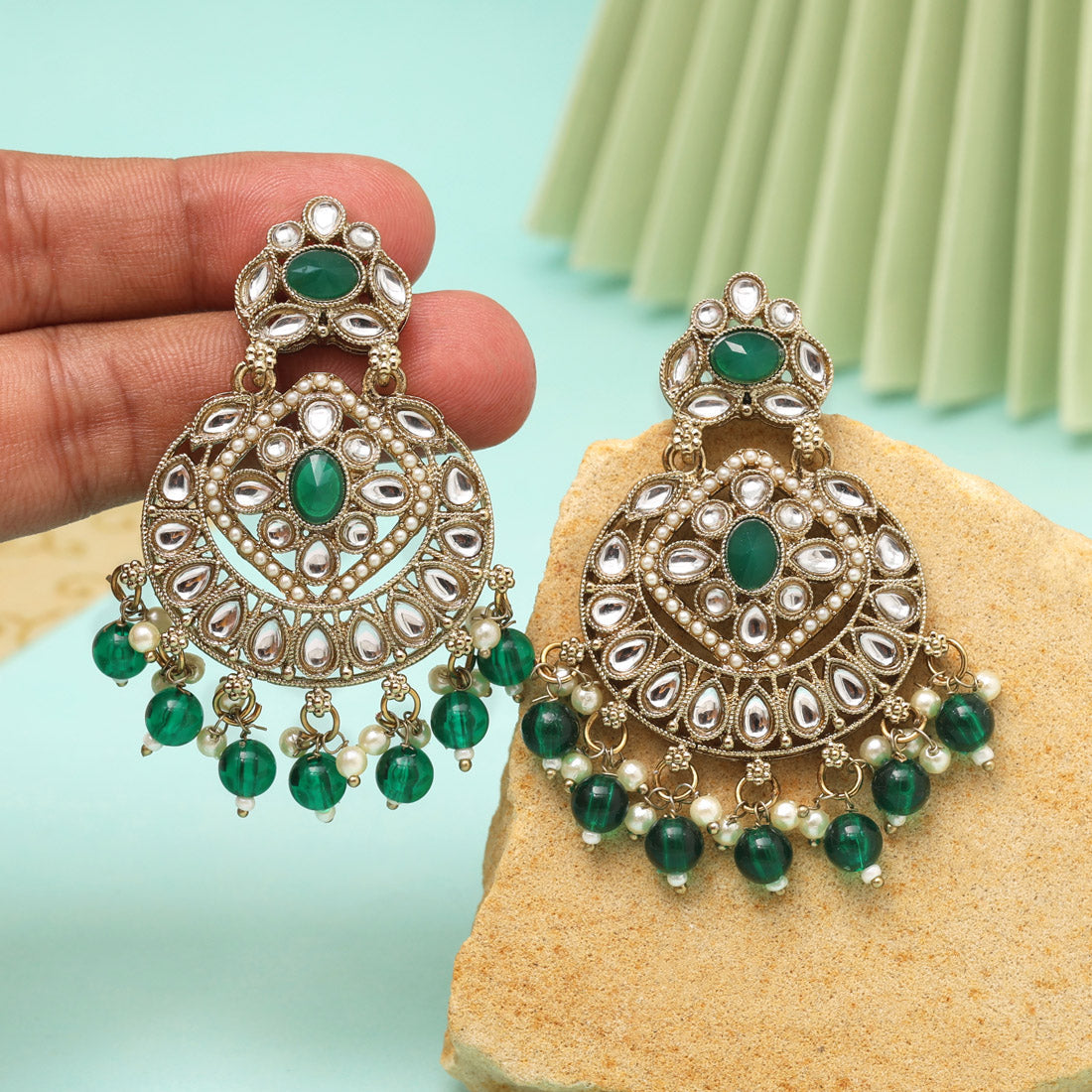 Green Color Kundan Earrings (KDE1009GRN) - eindiawholesale.com