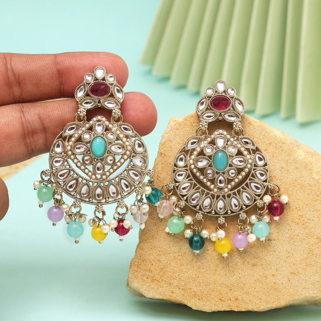 Multi Color Kundan Earrings (KDE1009MLT) - eindiawholesale.com