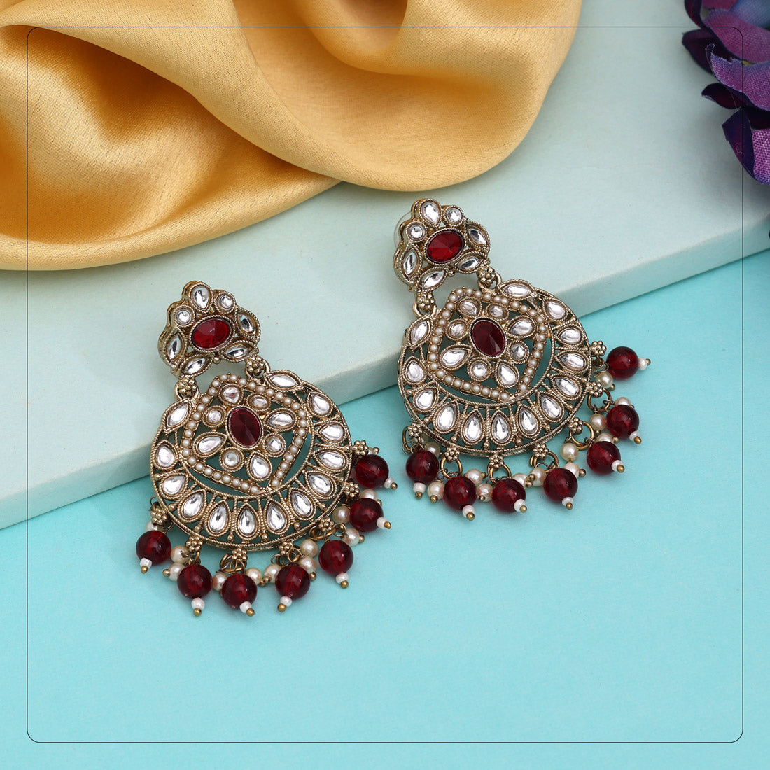 Maroon Color Kundan Earrings (KDE1009MRN) - eindiawholesale.com