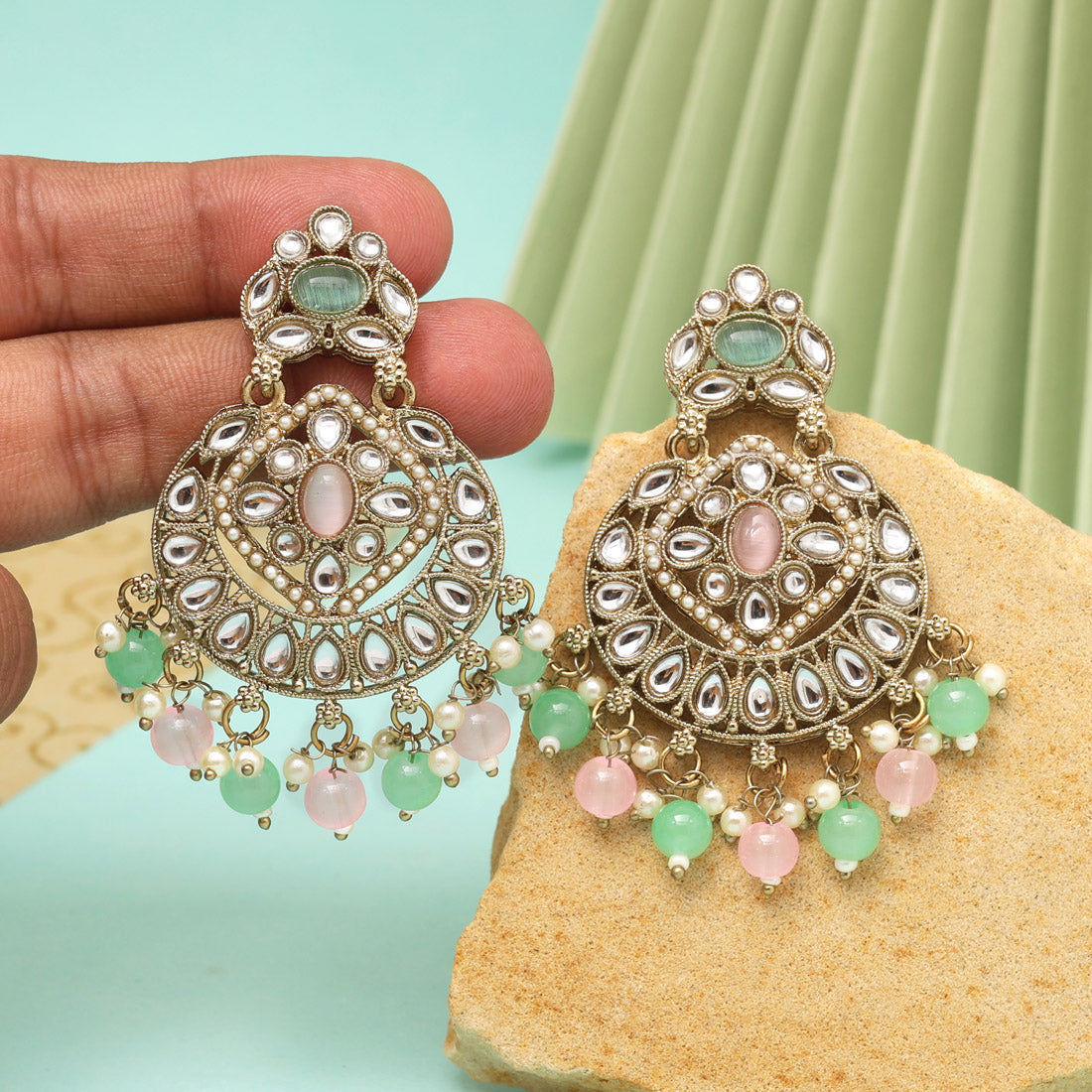 Pink & Pista Green Color Kundan Earrings (KDE1009PNKPGRN) - eindiawholesale.com