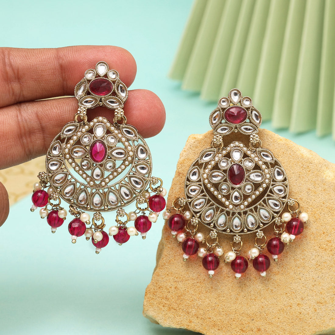 Rani Color Kundan Earrings (KDE1009RNI) - eindiawholesale.com