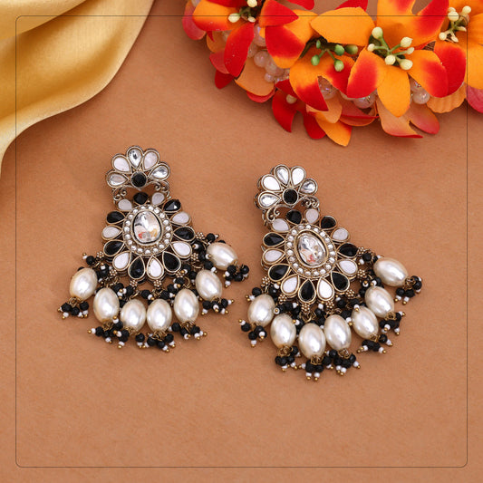 Black Color Kundan Earrings (KDE1010BLK) - eindiawholesale.com