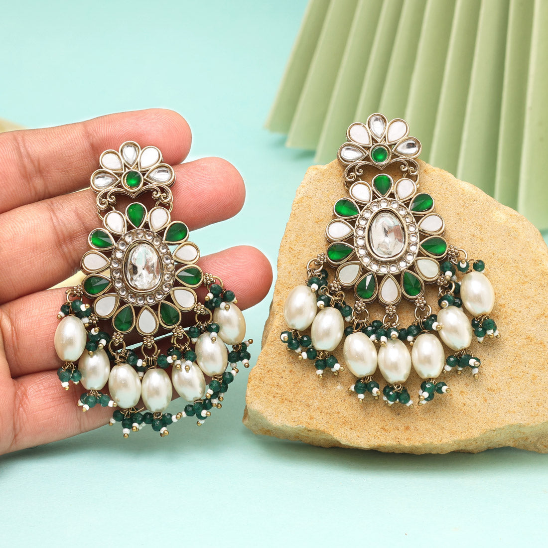 Green Color Kundan Earrings (KDE1010GRN) - eindiawholesale.com