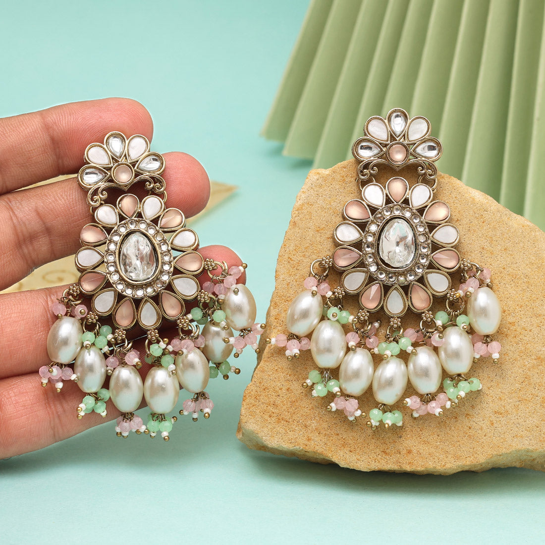 Pink & Pista Green Color Kundan Earrings (KDE1010PNKPGRN) - eindiawholesale.com