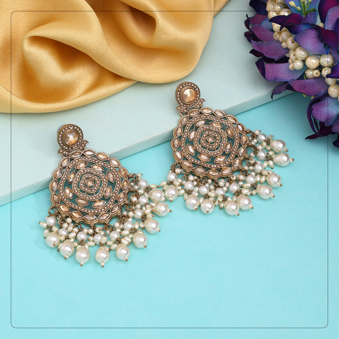 Gold Color Pakistani Kundan Earrings (KDE1012GLD) - eindiawholesale.com