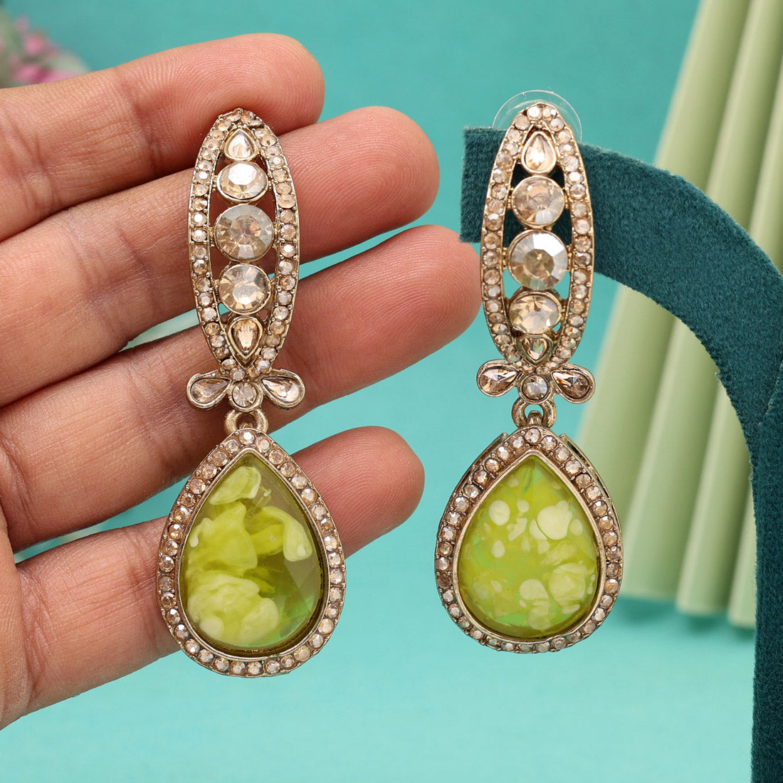 Mustard Yellow Color Kundan Earrings (KDE1013MYLW) - Preyans.com