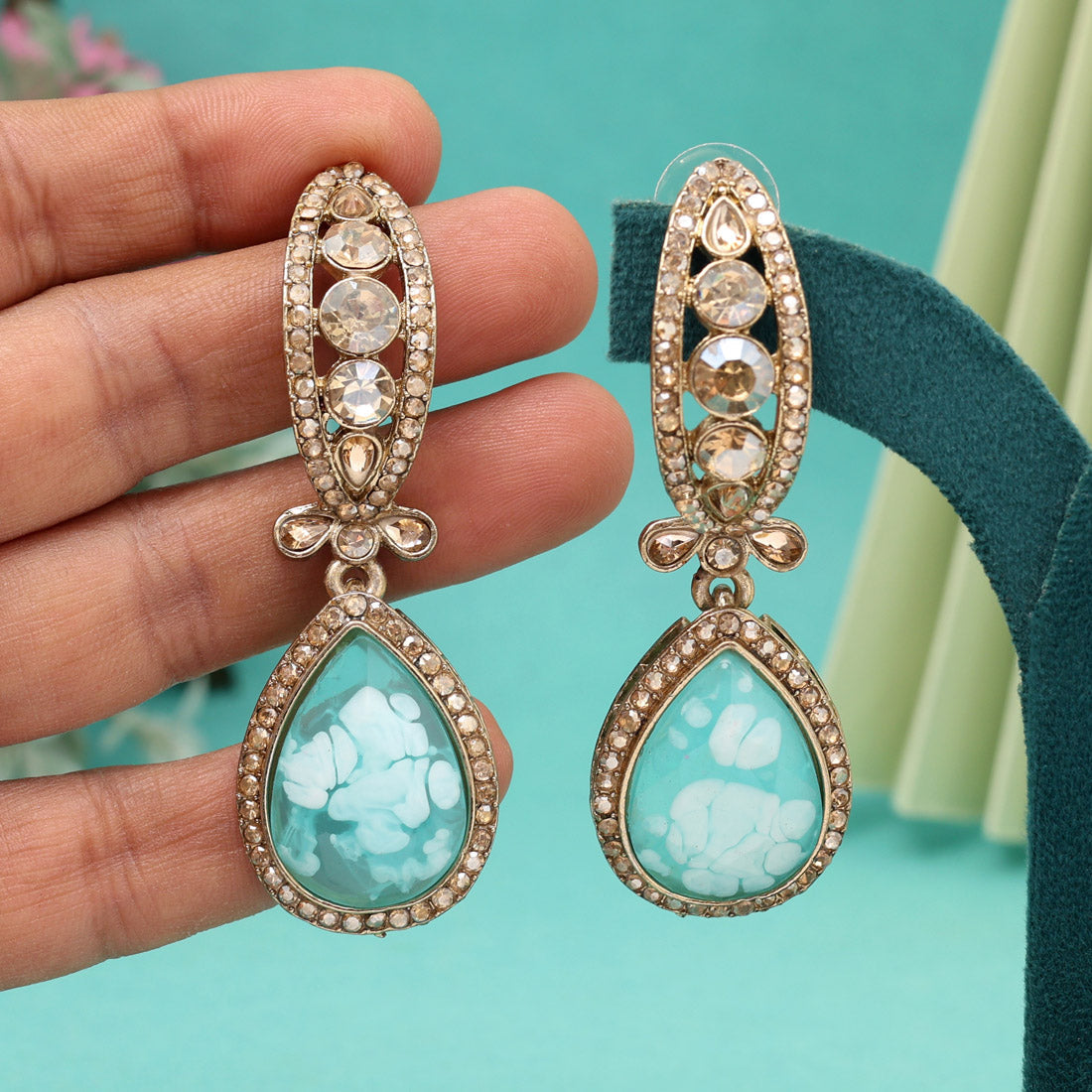 Sky Blue Color Kundan Earrings (KDE1013SBLU) - Preyans.com