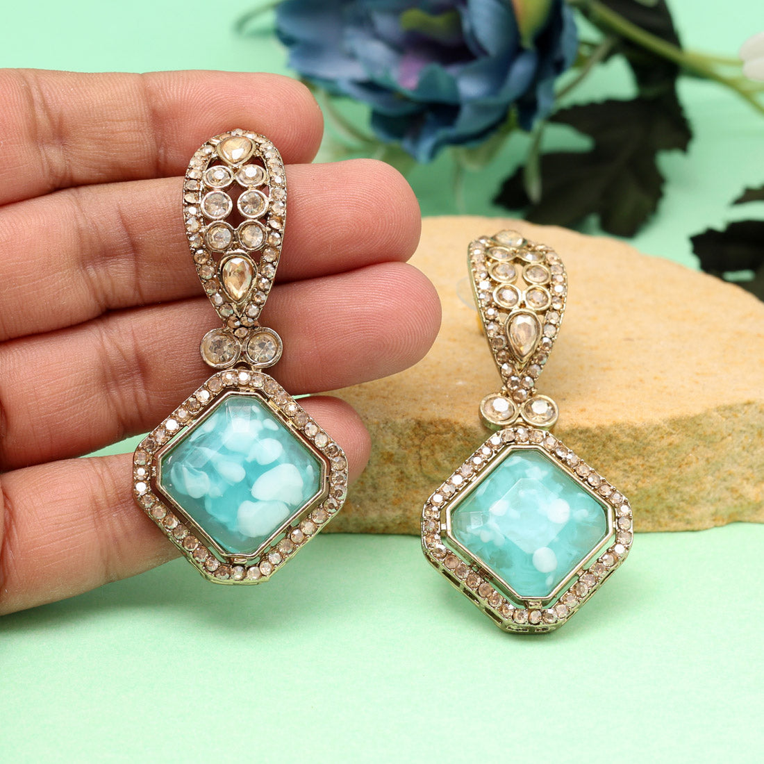 Sky Blue Color Kundan Earrings (KDE1014SBLU) - Preyans.com