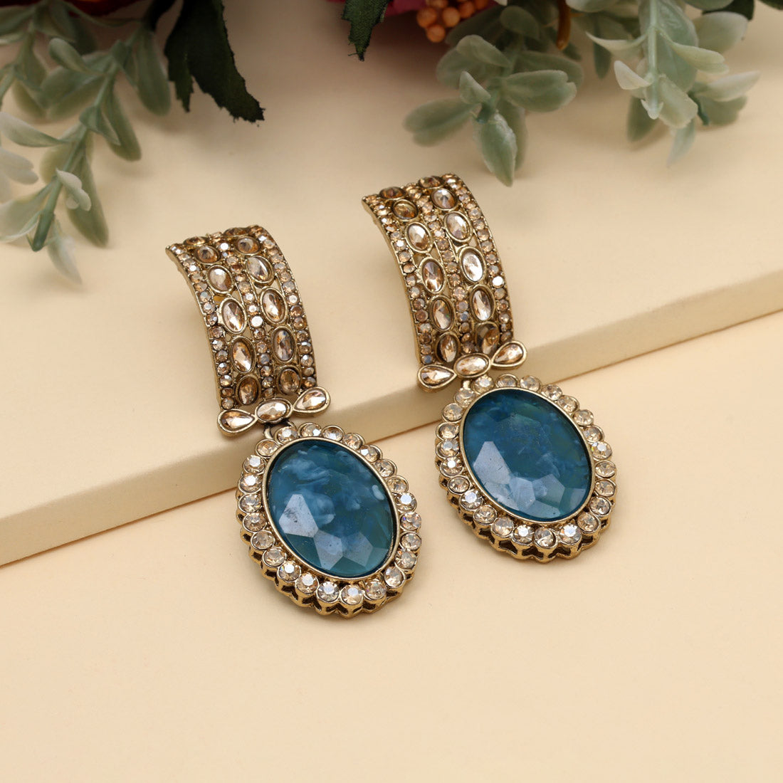 Blue Color Kundan Earrings (KDE1015BLU) - Preyans.com