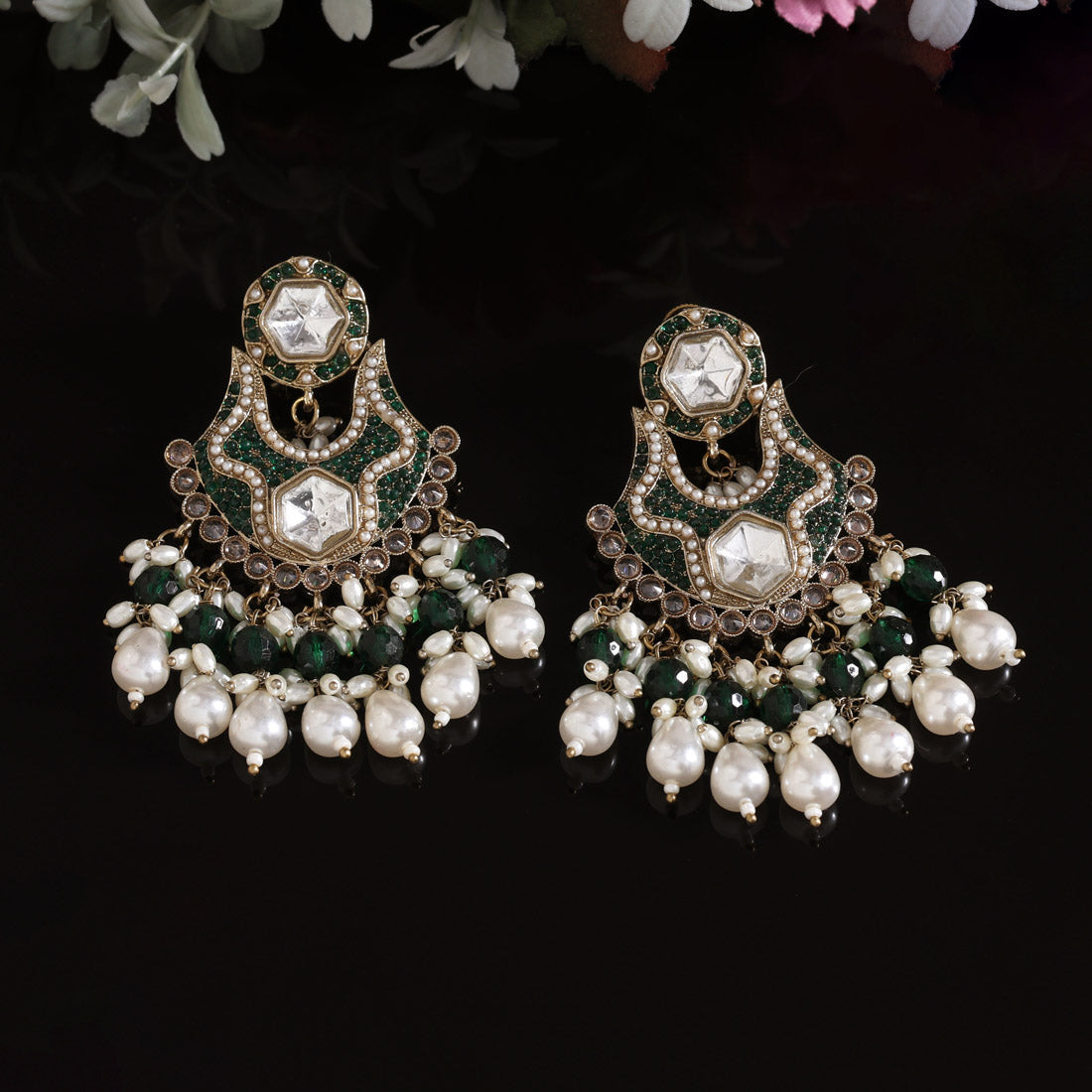 Green Color Pakistani Kundan Earrings (KDE1016GRN) - Preyans.com