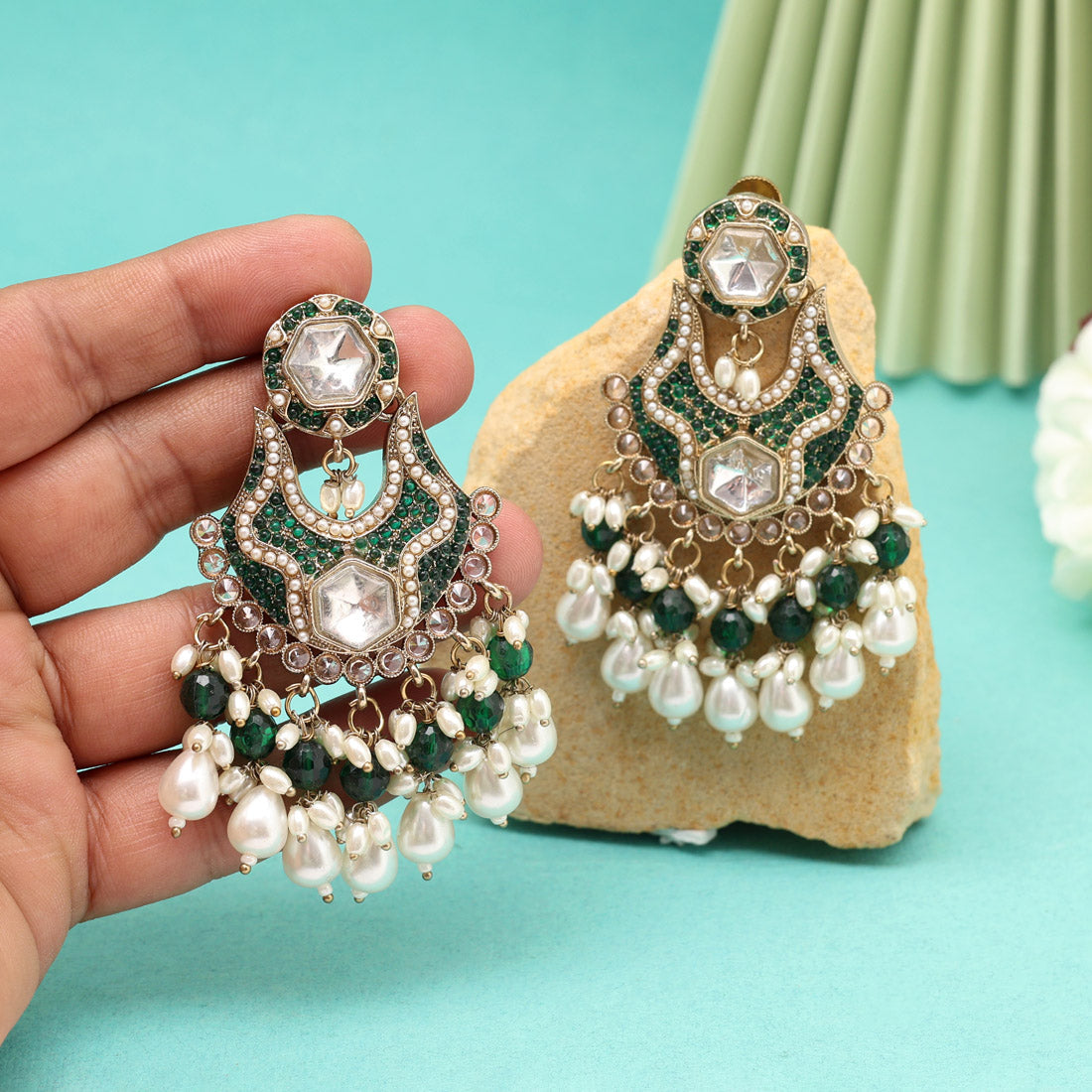 Green Color Pakistani Kundan Earrings (KDE1016GRN) - Preyans.com