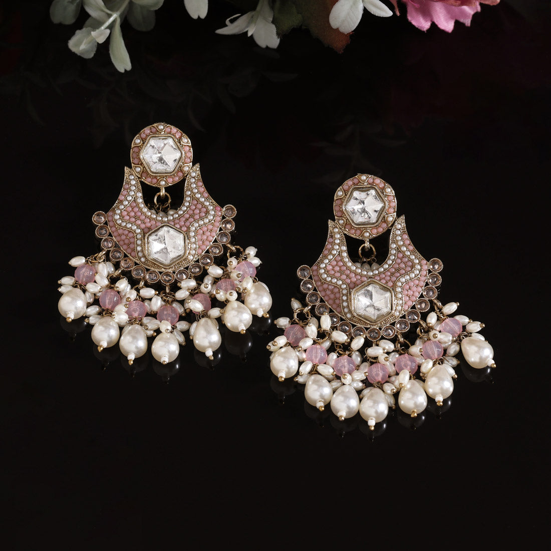 Light Pink Color Pakistani Kundan Earrings (KDE1016LPNK) - Preyans.com