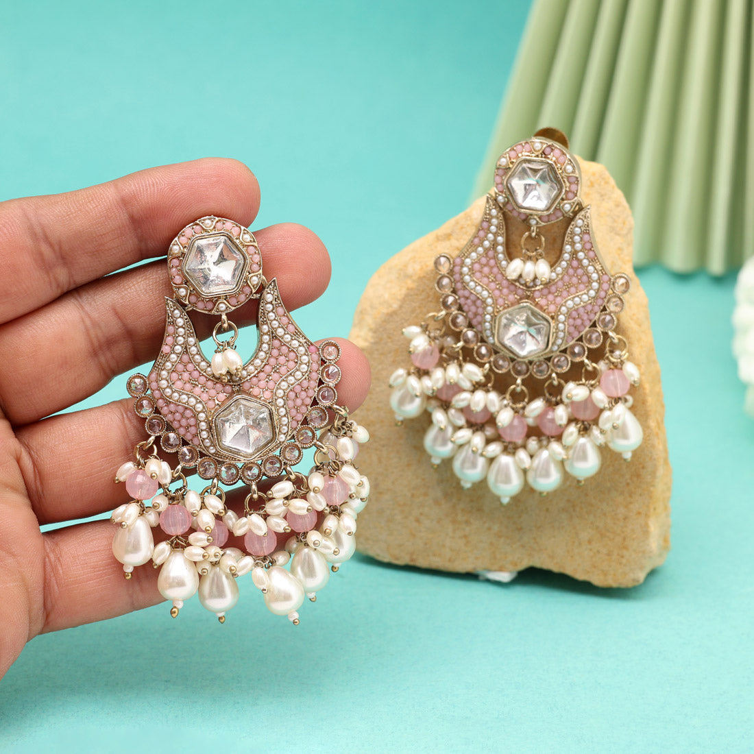 Light Pink Color Pakistani Kundan Earrings (KDE1016LPNK) - Preyans.com