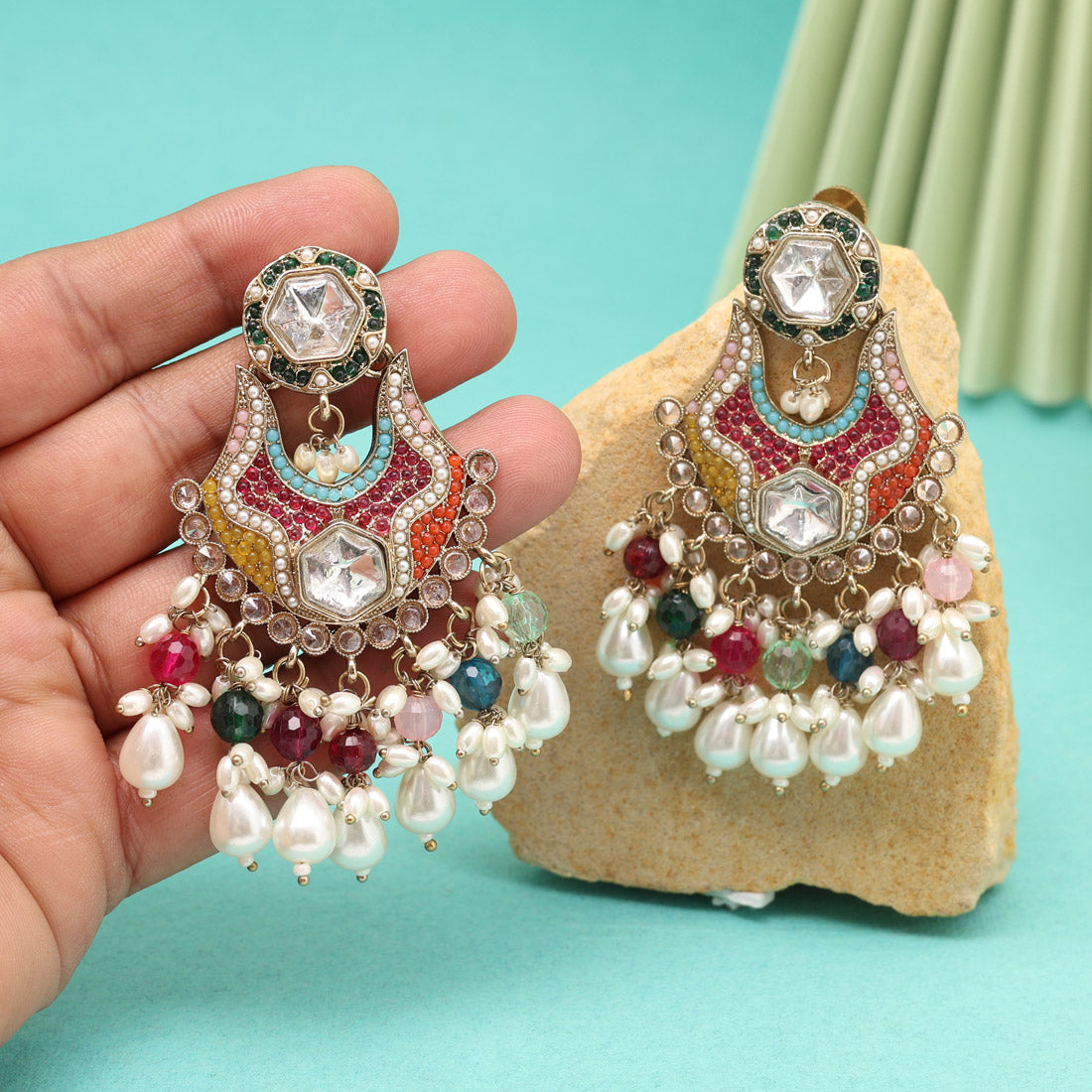 Multi Color Pakistani Kundan Earrings (KDE1016MLT) - Preyans.com