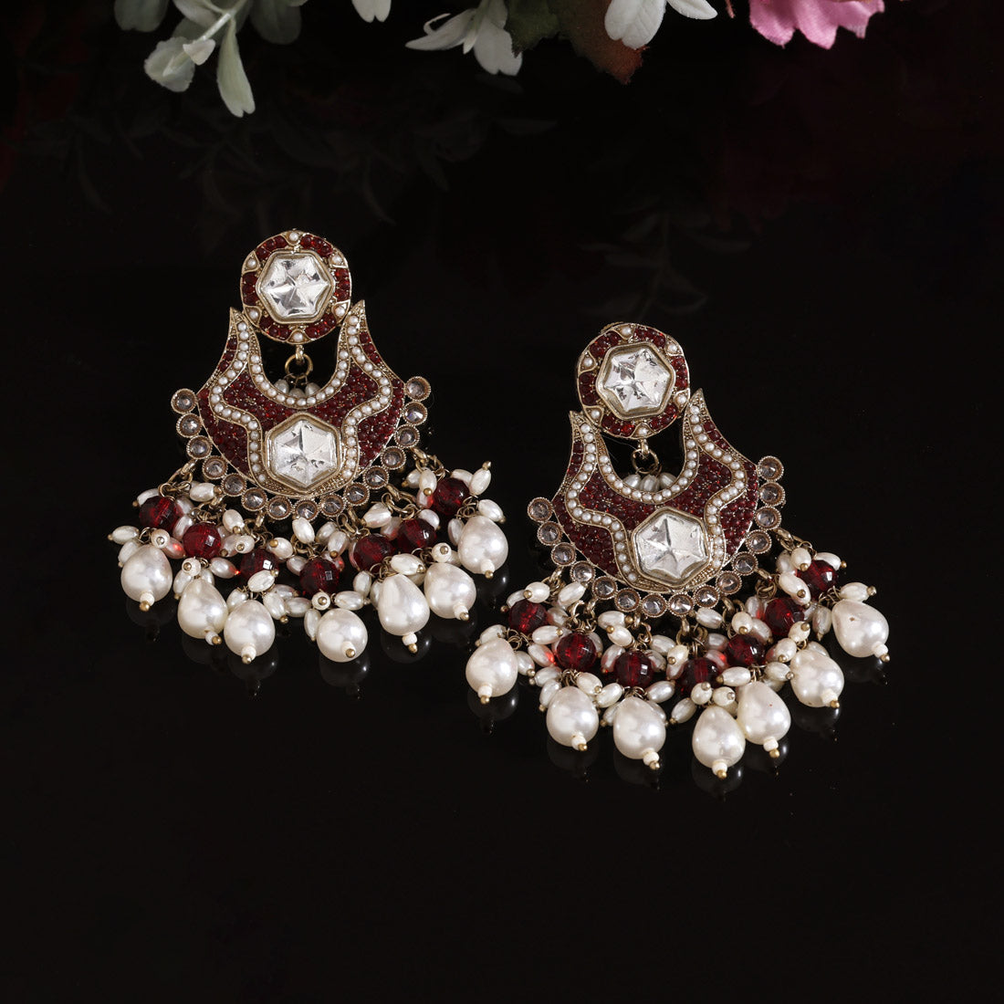 Maroon Color Pakistani Kundan Earrings (KDE1016MRN) - Preyans.com