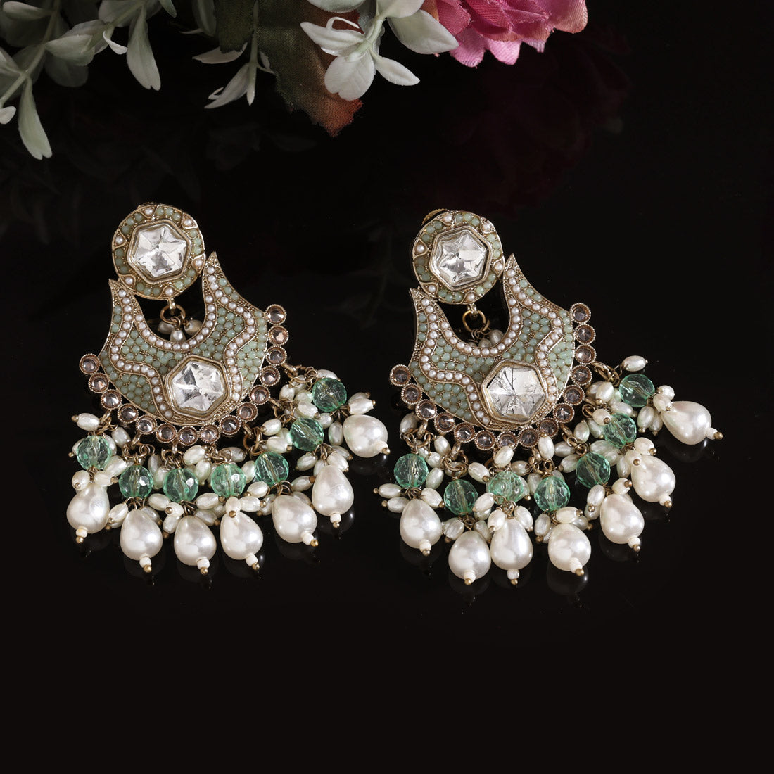 Pista Green Color Pakistani Kundan Earrings (KDE1016PGRN) - Preyans.com