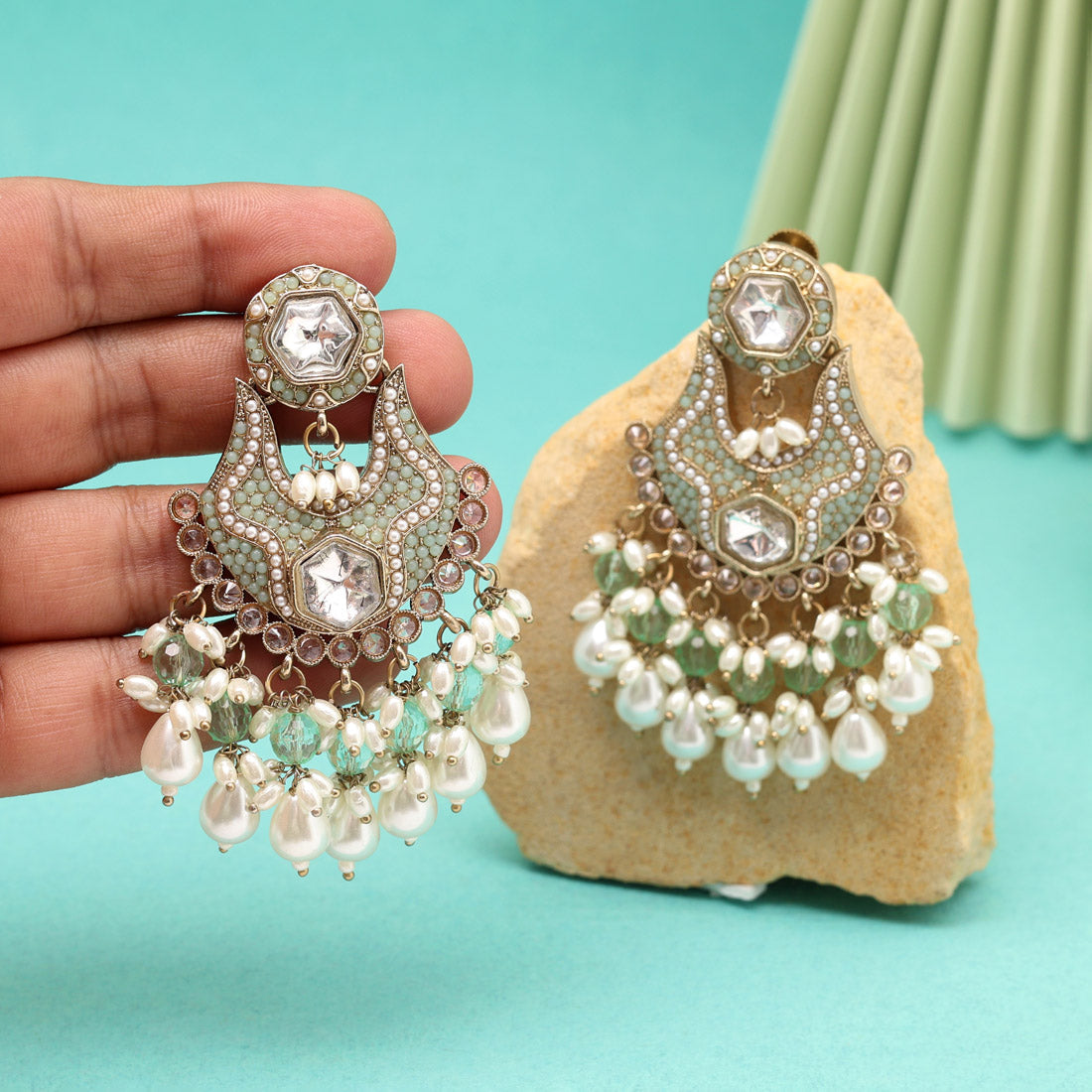 Pista Green Color Pakistani Kundan Earrings (KDE1016PGRN) - Preyans.com