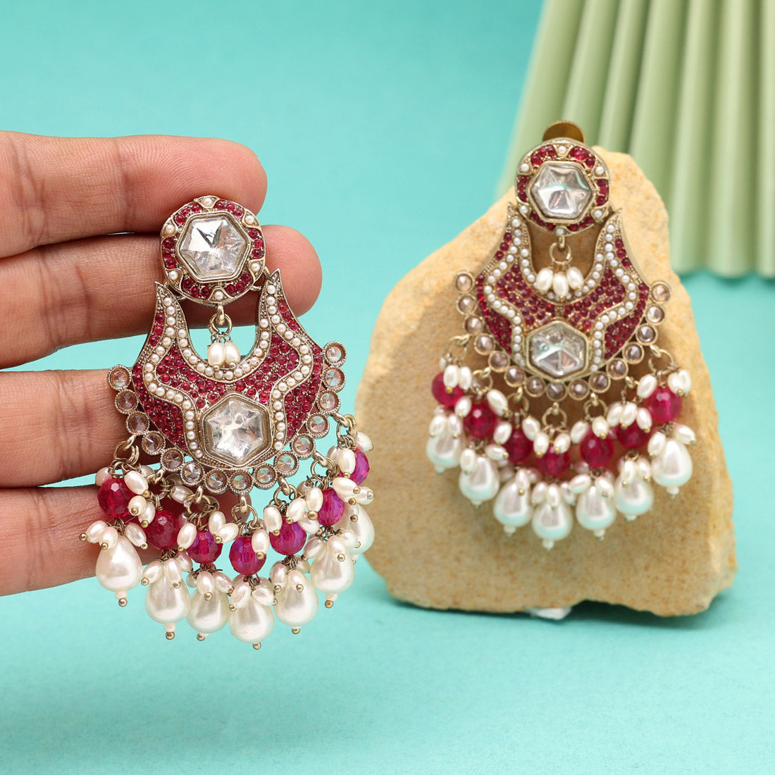 Rani Color Pakistani Kundan Earrings (KDE1016RNI) - Preyans.com