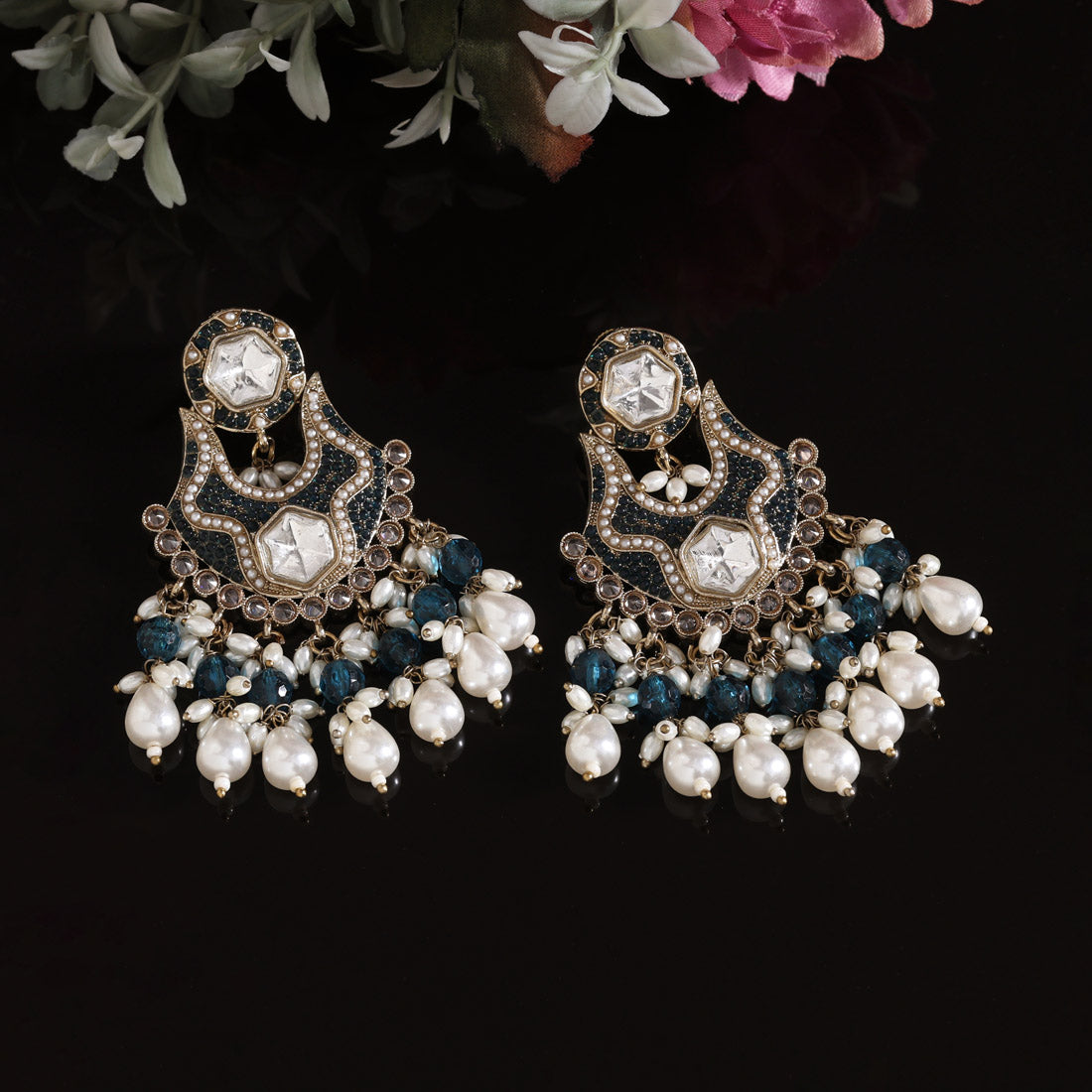 Turquoise Blue Color Pakistani Kundan Earrings (KDE1016TBLU) - Preyans.com